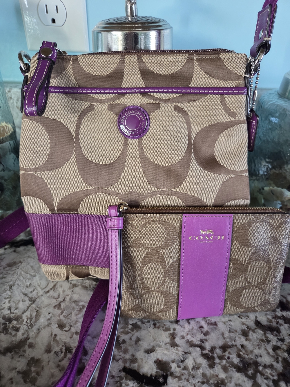 Coach Signature Canvas Crossbody with Purple Trim And Wristlet